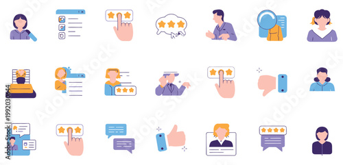 Customer review icon collection, solid vector style set with feedback, rating stars, testimonials, satisfaction, comments, likes, and recommendation symbols, simple modern design for apps and websites