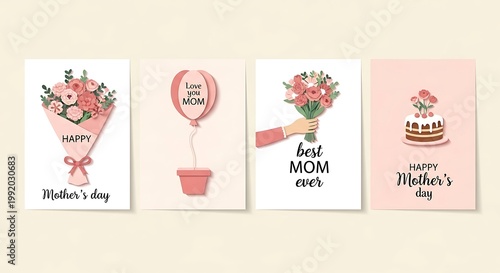 Mother's Day greeting card set with floral bouquets and cake, pink pastel celebration posters, 4 elegant holiday invitation templates