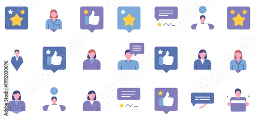 Set of review icons containing feedback, rating, testimonial, satisfaction, comment, opinion, like, customer, and recommend symbols, solid vector style with white elements, clean modern