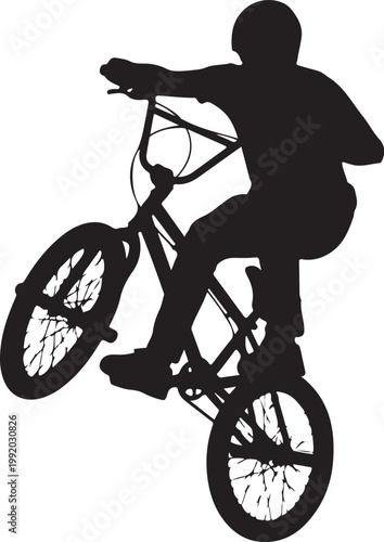 Black silhouette of a boy riding a bicycle, performing a trick, isolated on white background, vector illustration