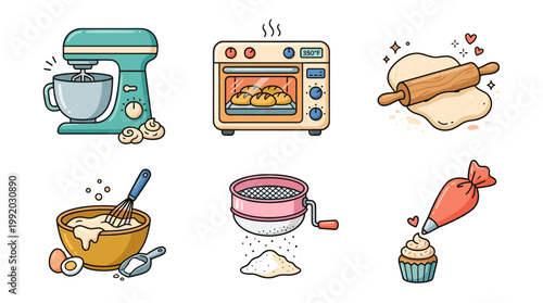 Bakery and cooking icon set with kitchen tools and baking elements in flat illustration style