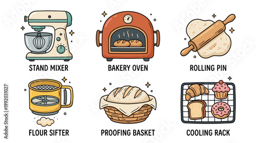 Bakery and cooking icon set with kitchen tools and baking elements in flat illustration style