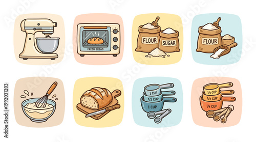 Bakery and cooking icon set with kitchen tools and baking elements in flat illustration style
