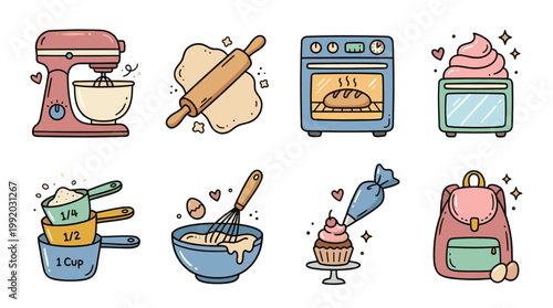 Bakery and cooking icon set with kitchen tools and baking elements in flat illustration style