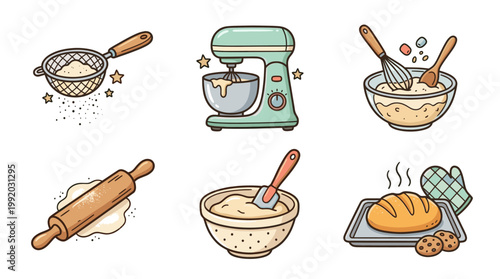 Bakery and cooking icon set with kitchen tools and baking elements in flat illustration style