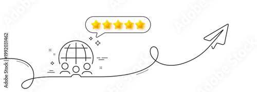 Global business line icon. Continuous line with share plane. International outsourcing group sign. Internet marketing symbol. Five star rate review in speech bubble. Vector