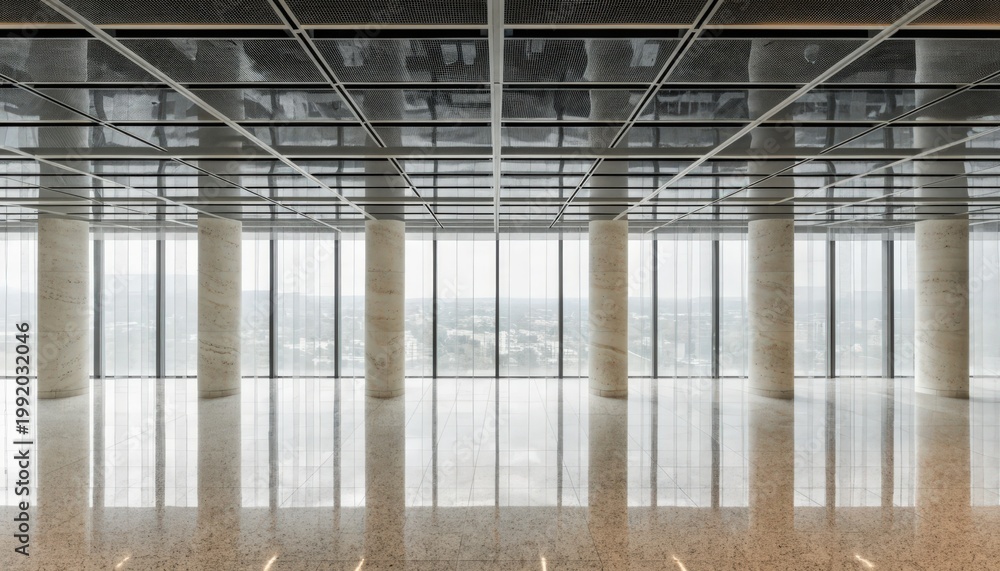 Fototapeta premium Finished empty office floor plate in medium shot revealing polished ceiling grids prominent columns and diffused window lines to illustrate refined workspace interiors.