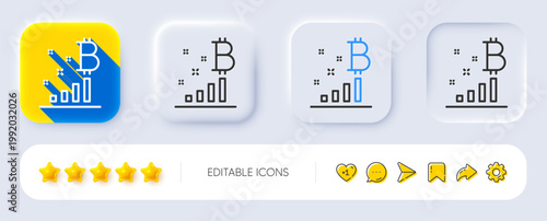 Bitcoin graph line icon. Neumorphic, Flat shadow, 3d buttons. Cryptocurrency analytics sign. Crypto money symbol. Line bitcoin graph icon. Social media icons. Vector