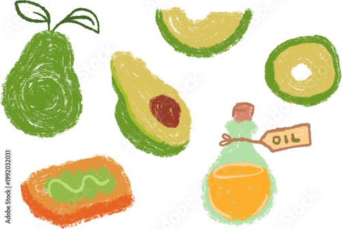 Hand drawn crayon illustration set of avocado elements. Includes whole avocado with leaves, half with pit, slices, bottle of avocado oil with tag and avocado toast. Cute textured pastel style isolated