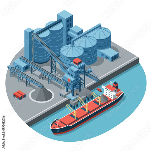 Isometric View of a Cargo Ship at a Grain Terminal.