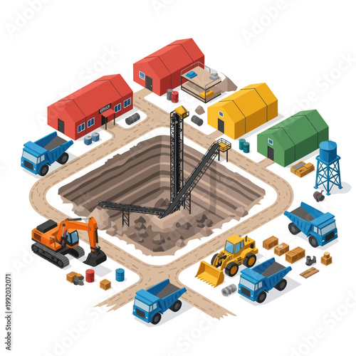 Isometric Mine Site Illustration with Heavy Machinery and Buildings.