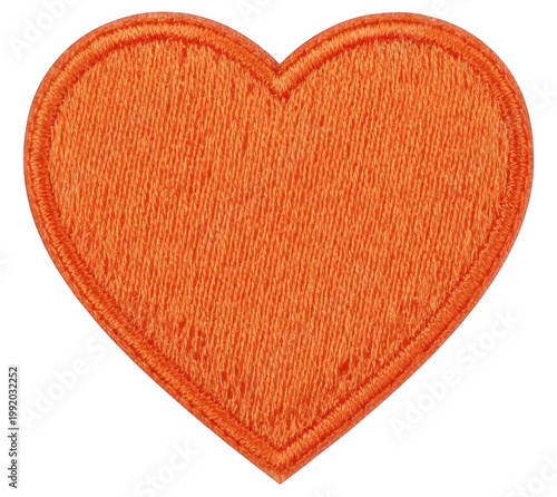 Orange embroidered heart patch, isolated, transparent