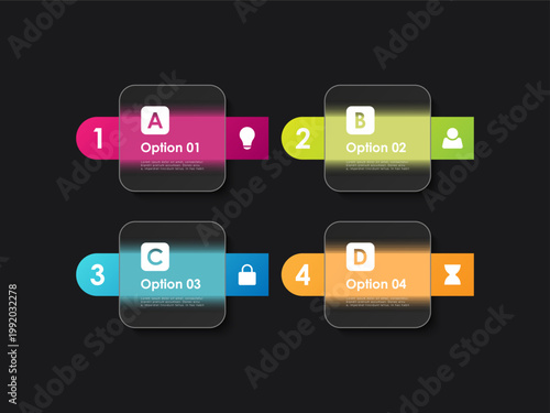 Business and marketing strategy vector infographic template with 4 step processes. Dark glass effect square infographic elements.