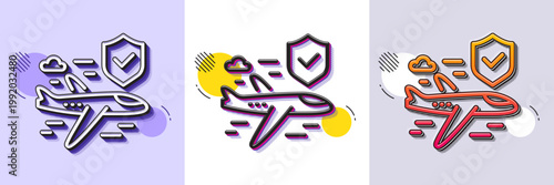 Flight insurance hand line icon. Halftone dotted pattern. Gradient icon with grain shadow. Risk coverage sign. Travel protection symbol. Line flight insurance icon. Various designs. Vector