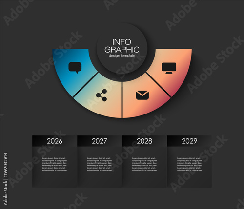Business infographics template with 4 steps on timeline diagrams for process diagram, presentations, workflow layout. A semicircular chart divided into 4 equal parts