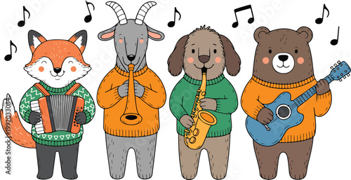 Cute Animal Music Band Line Art  Whimsical Instrument Playing Character Set