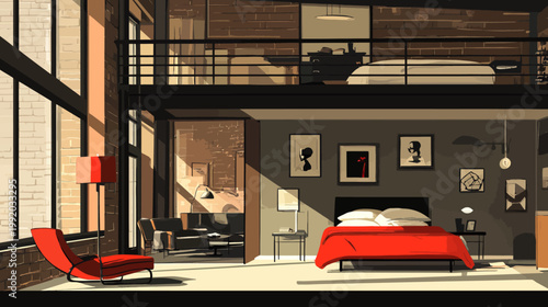 Artistic depiction of a modern loft apartment with exposed brick and a mezzanine level