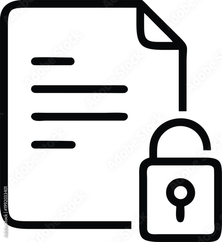A black outline of a document secured with a padlock representing data protection high quality professional
