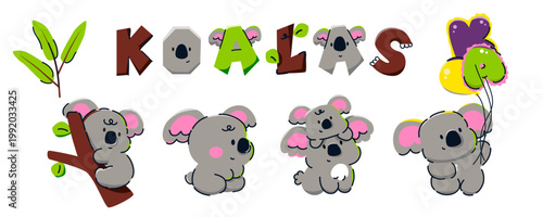 Photography A cute set of koala character illustrations and KOALAS typography