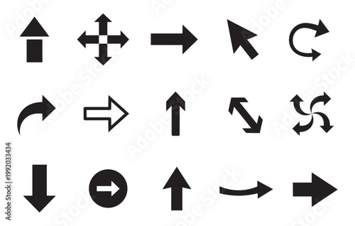 Collection of black arrow icons representing direction and movement