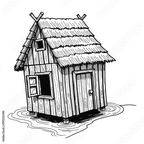 Small wooden hut vector on stilts in water for rustic and survival design.