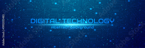 Dense electronic circuit board with glowing nodes on blue digital technology background, abstract hi tech motherboard banner