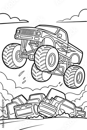 Black and white line monster truck crushing cars coloring page