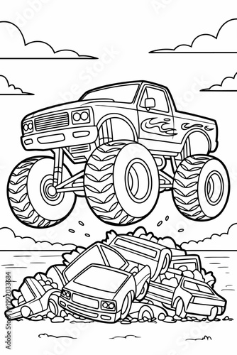 Black and white line monster truck crushing cars line coloring page