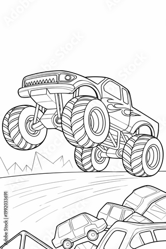 Black and white line monster truck crushing cars line coloring page