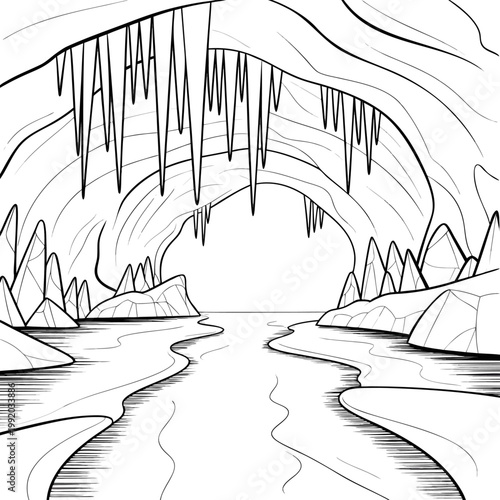 Cave interior with stalactites and river, line stalagmites