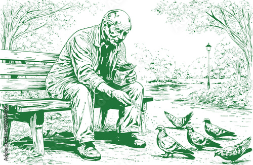 Old Man Feeding Pigeons Park Bench Line Art
