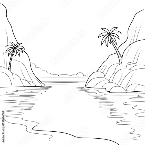 Tropical lagoon with palm trees and rocky shores, line