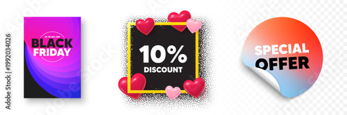 Discount photo frame 3d hearts. Special offer sticker banner. 10 percent discount tag. Sale offer price sign. Special offer symbol. Black friday poster. Promo background. Vector