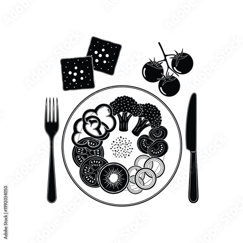 Elegant black and white icon set of a plate with sliced vegetables and crackers for healthy dining and gourmet menu design