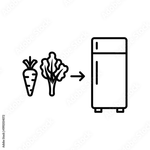 Linear icon depicting the process of storing fresh vegetables in a refrigerator for food preservation and kitchen organization