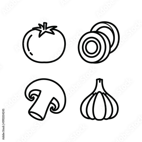Collection of simple black line icons depicting a fresh tomato onion slices a mushroom and a bulb of garlic for culinary and grocery store graphic design