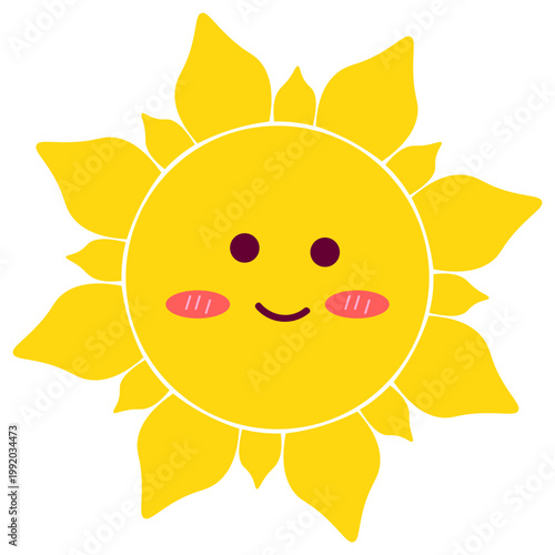 Cute smiling sun character with rosy cheeks, perfect for kids illustrations, weather icons, stickers and cheerful summer branding