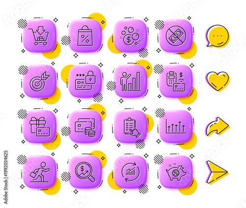 Money, Corrupt and Update data line icons. App 3d buttons. Social media comment, share, like icons. Pack of Shopping, Checklist, Businessman run icon. Lock, Graph chart, Target pictogram. Vector