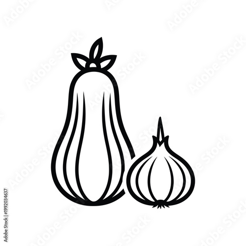 Minimalist line art icon of fresh eggplant and onion bulb for healthy gourmet cooking and organic vegetable market design projects