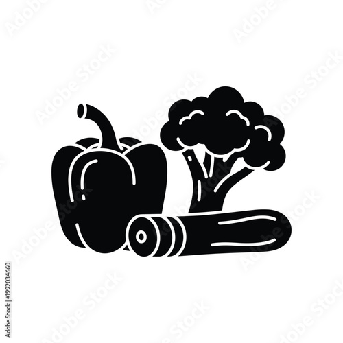 Bold black silhouette icon of bell pepper broccoli and sliced cucumber for healthy lifestyle and fresh food industry graphic design concepts