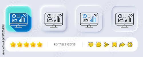 Analytics graph line icon. Neumorphic, Flat shadow, 3d buttons. Column chart sign. Growth diagram symbol. Line analytics graph icon. Social media icons. Vector