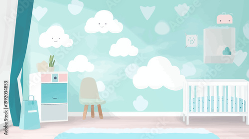 Digital illustration of a nursery with a crib, chair, and cartoon clouds. Soft colors. Cute