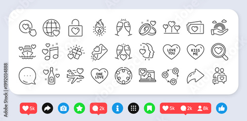 Heart flame, Lgbt and Love letter line icons pack. Social media: share, comment, like icons. Honeymoon cruise, Love gift, Like button web icon. Heart, Inclusion, Marriage rings pictogram. Vector