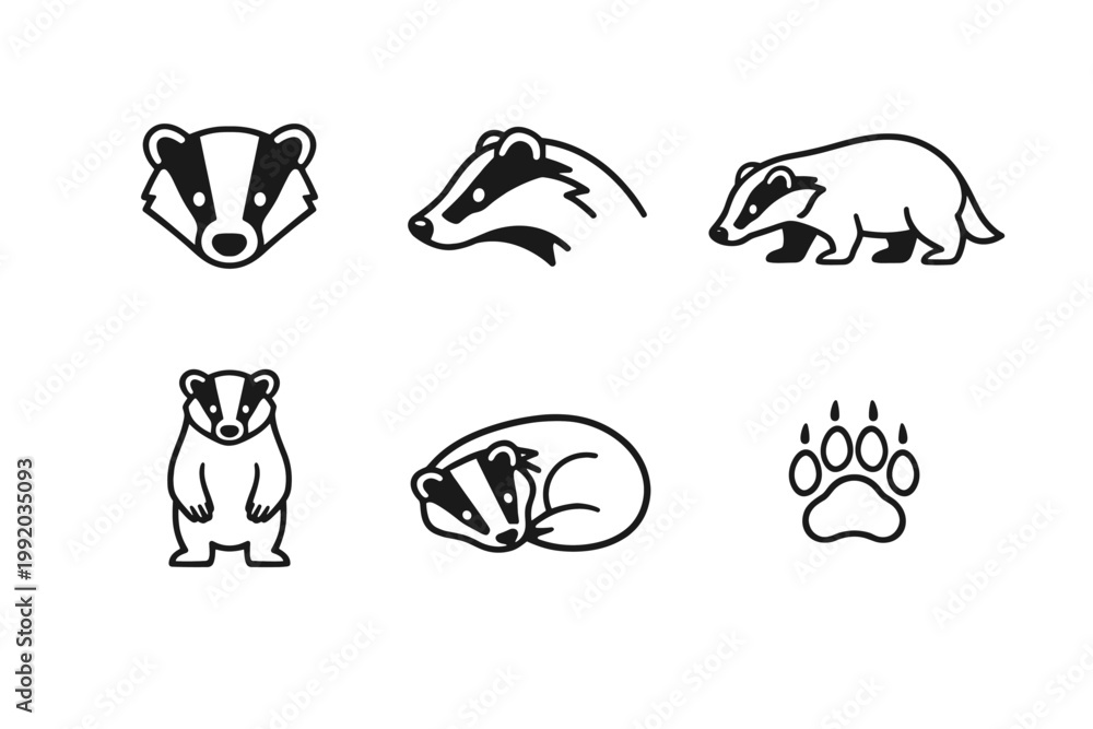 Obraz premium Minimal badger animal icon set in simple black silhouette vector style