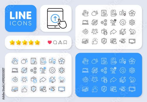 Time management, Certificate and Monitor line icons for web app. Message, Share, Like social media icons. Pack of 360 degrees, Timer, Overeating pills pictogram icons. Vector