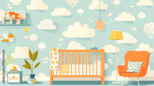 Stylized illustration of a baby's room with crib, chair, and whimsical cloud wallpaper