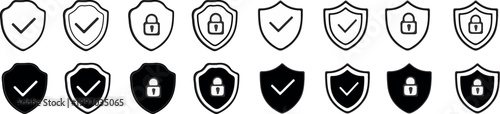 Modern security icon set featuring shield shapes with check marks and padlocks in outline and solid styles. Perfect for cybersecurity, data protection, privacy, safe access, authentication, and secure