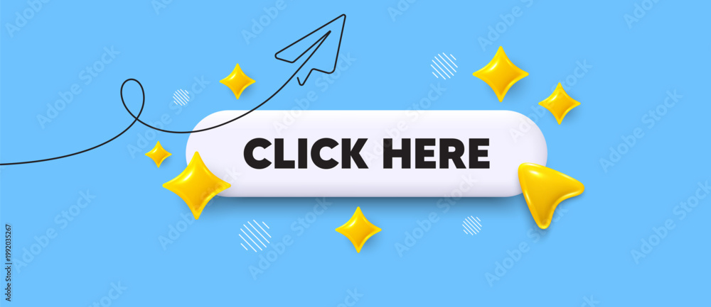 Obraz premium Click here search bar. Share plane line icon. Click here. Register announce sign. Order here offer symbol. Search button with 3d sparkles. Vector