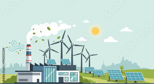 cartoon industrial factory with smiling trees and river