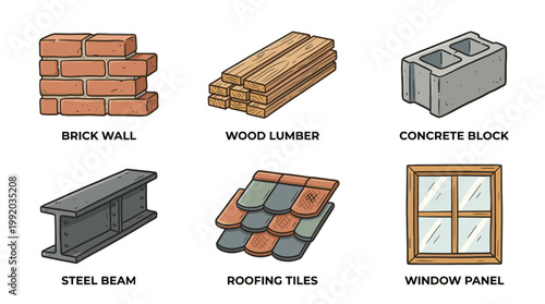 Construction and building materials icon set with bricks cement wood and industrial elements